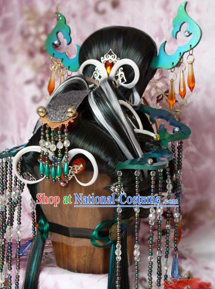 Chinese Traditional Puppet Show Peacock Princess Hair Accessories Cosplay Empress Headdress Ancient Queen Wigs and Hairpins Headpieces