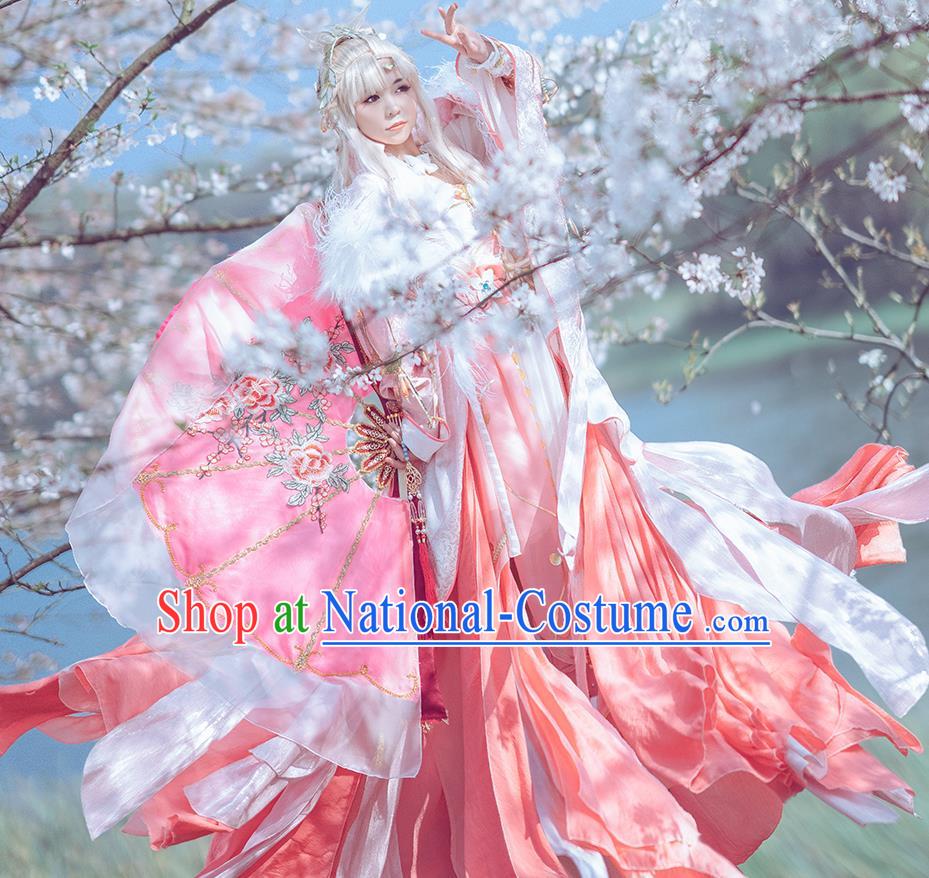 China Cosplay Goddess Garment Costumes Ancient Empress Pink Dress Outfits Traditional JX Online Swordswoman Clothing