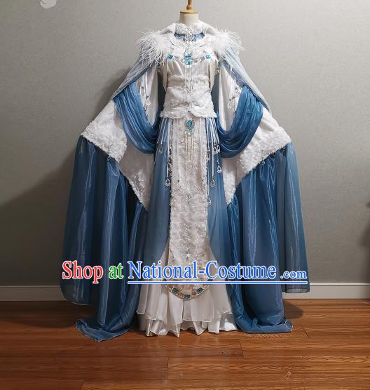 Professional China Traditional Puppet Show Ji Wuxia Clothing Cosplay Empress Garment Costumes Ancient Princess White Dress Outfits