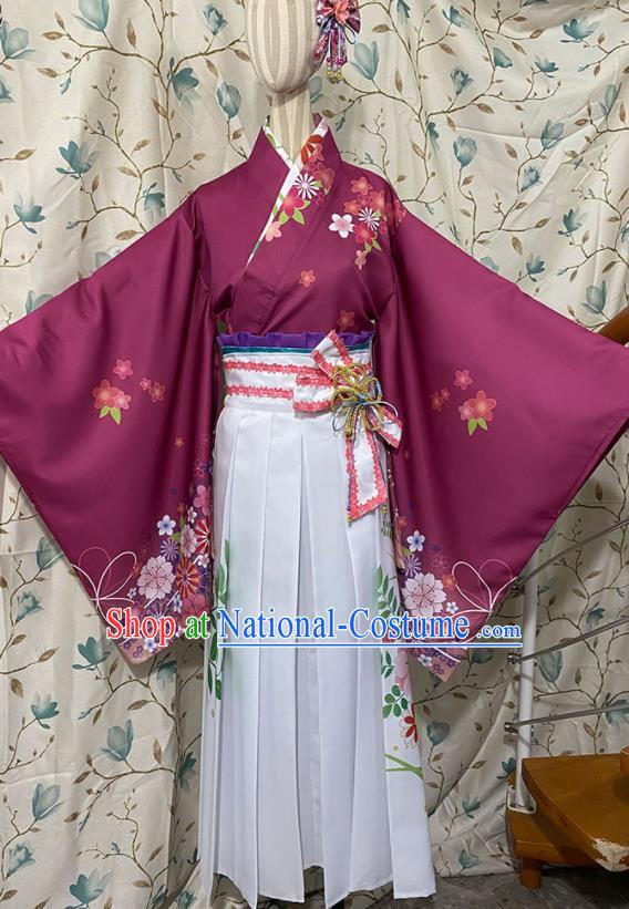 Professional Japanese Classical Wine Red Blouse and Skirt Traditional Summer Festival Kimono Clothing Young Lady Garment Costumes