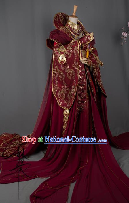 China Ancient Goddess Wine Red Dress Outfits Traditional Puppet Show Empress Hanfu Clothing Cosplay Swordswoman Queen Garment Costumes