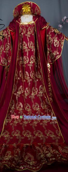 China Ancient Goddess Wine Red Dress Outfits Traditional Puppet Show Empress Hanfu Clothing Cosplay Swordswoman Queen Garment Costumes