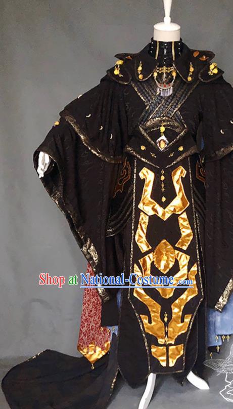 Chinese Ancient Royal King Black Uniforms Traditional Thunderbolt Fantasy Swordsman Mie Tianhai Garment Costumes Cosplay Emperor Clothing