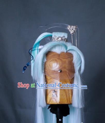 Chinese Traditional Puppet Show Swordsman Hairpieces Handmade Ancient Childe Headdress Cosplay Knight Light Blue Wigs and Hair Crown