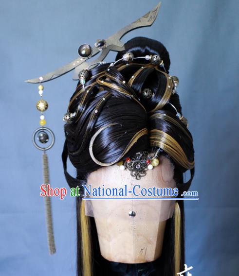 Chinese Cosplay Crown Prince Wigs and Hair Crown Traditional Puppet Show Young Childe Hairpieces Handmade Ancient Swordsman Headdress