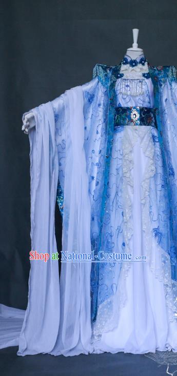 China Ancient Queen Light Blue Dress Outfits Traditional Puppet Show Empress Hanfu Clothing Cosplay Fairy Princess Garment Costumes