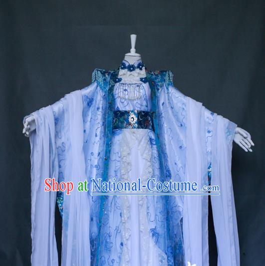 China Ancient Queen Light Blue Dress Outfits Traditional Puppet Show Empress Hanfu Clothing Cosplay Fairy Princess Garment Costumes