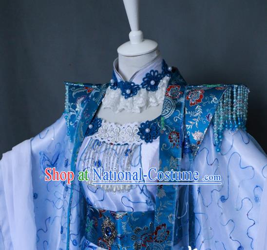 China Ancient Queen Light Blue Dress Outfits Traditional Puppet Show Empress Hanfu Clothing Cosplay Fairy Princess Garment Costumes