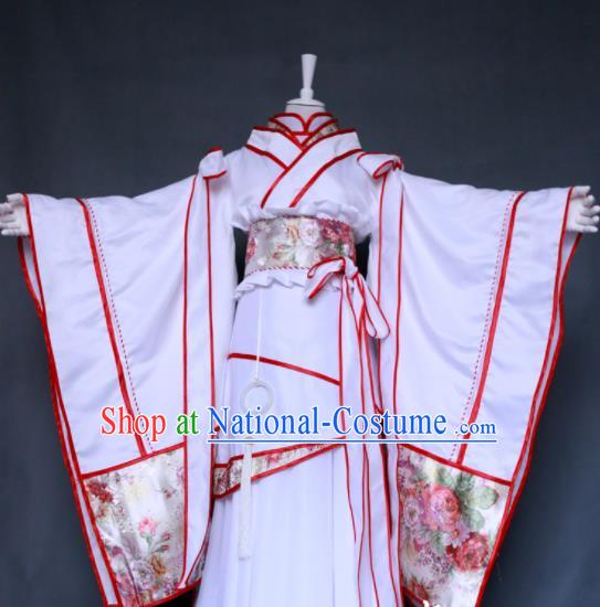 China Traditional Puppet Show Queen Hanfu Clothing Cosplay Fairy Princess Garment Costumes Ancient Empress White Dress Outfits