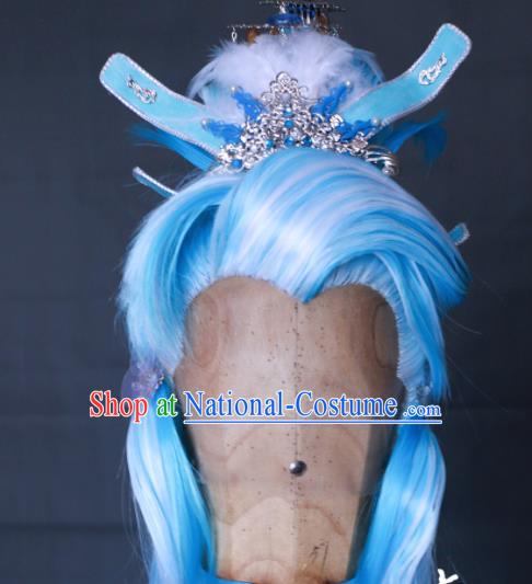 Chinese Handmade Ancient Taoist Priest Headdress Cosplay Swordsman Blue Wigs and Hair Crown Traditional Puppet Show Dragon King Hairpieces