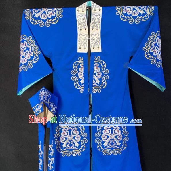 Chinese Shanxi Opera Elderly Male Garment Costume Peking Opera Laosheng Embroidered Blue Cape Traditional Opera Landlord Clothing