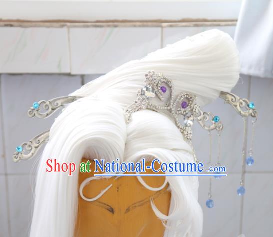 Chinese Cosplay Goddess White Wigs Headdress Traditional Puppet Show Ji Wuxia Hairpins Hairpieces Ancient Taoist Nun Hair Accessories