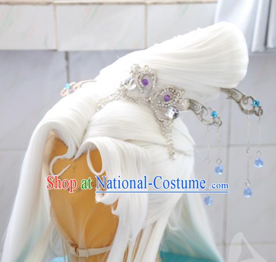 Chinese Cosplay Goddess White Wigs Headdress Traditional Puppet Show Ji Wuxia Hairpins Hairpieces Ancient Taoist Nun Hair Accessories