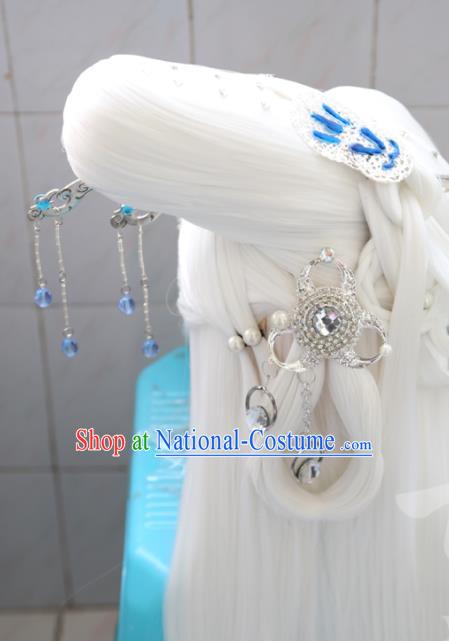 Chinese Cosplay Goddess White Wigs Headdress Traditional Puppet Show Ji Wuxia Hairpins Hairpieces Ancient Taoist Nun Hair Accessories