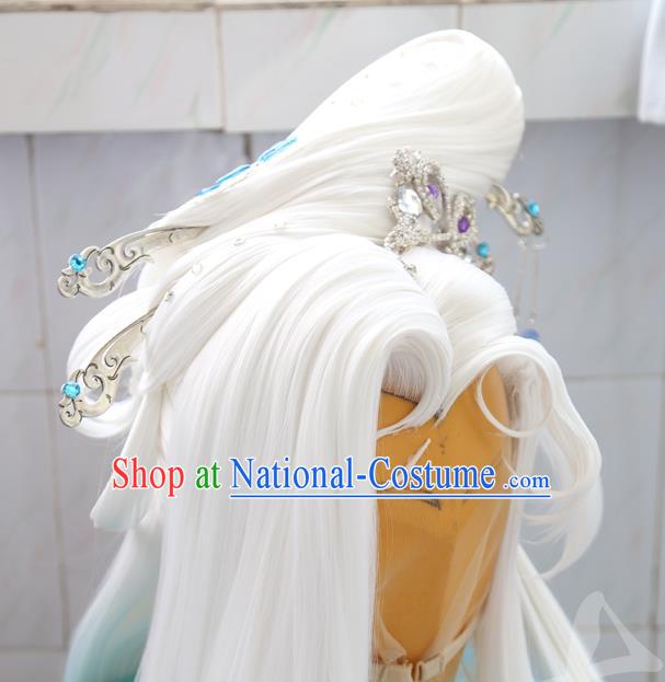 Chinese Cosplay Goddess White Wigs Headdress Traditional Puppet Show Ji Wuxia Hairpins Hairpieces Ancient Taoist Nun Hair Accessories