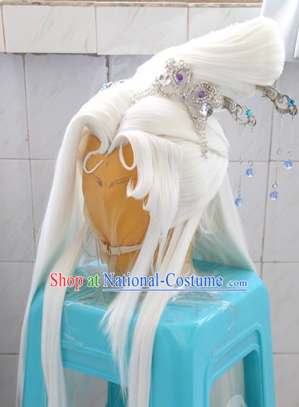 Chinese Cosplay Goddess White Wigs Headdress Traditional Puppet Show Ji Wuxia Hairpins Hairpieces Ancient Taoist Nun Hair Accessories