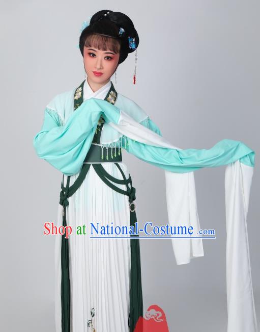 Chinese Peking Opera Hua Tan Costumes Traditional Huangmei Opera He Wenxiu Green Dress Garments Ancient Young Woman Clothing