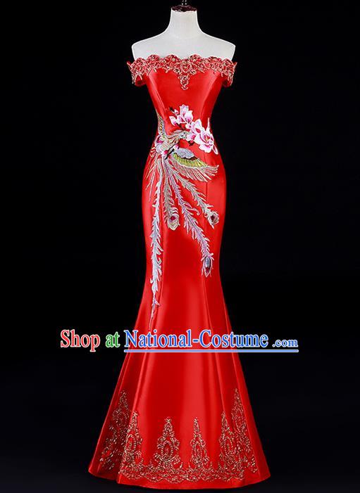 China New Year Off Shoulder Mermaid Dress Professional Embroidery Phoenix Red Full Dress Dinner Party Formal Garment