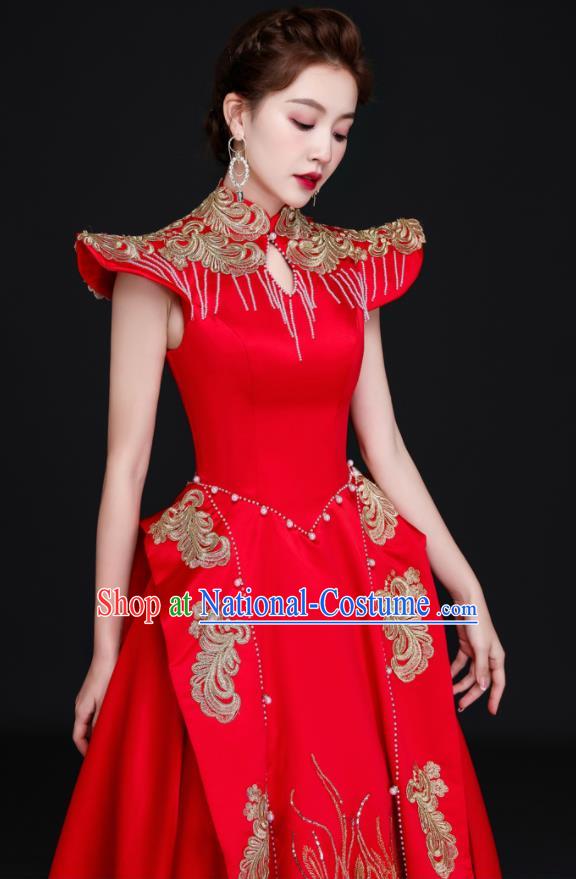 China Professional Embroidery Full Dress Dinner Party Formal Garment New Year Compere Red Dress