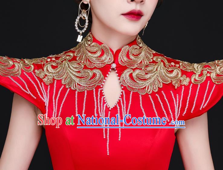 China Professional Embroidery Full Dress Dinner Party Formal Garment New Year Compere Red Dress