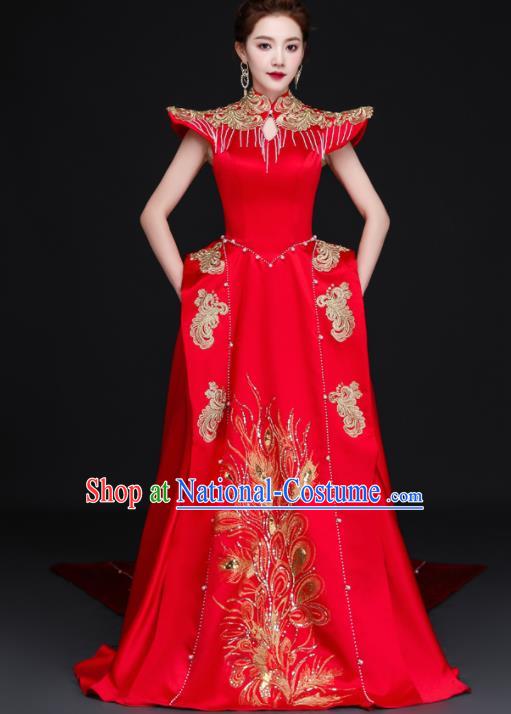 China Professional Embroidery Full Dress Dinner Party Formal Garment New Year Compere Red Dress