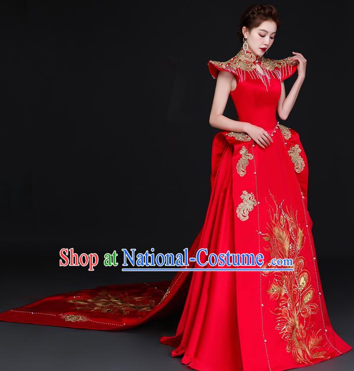 China Professional Embroidery Full Dress Dinner Party Formal Garment New Year Compere Red Dress