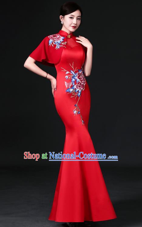 Chinese Hostess Full Dress Embroidered Qipao Clothing Modern Fishtail Cheongsam Traditional Red Tippet Qipao Dress