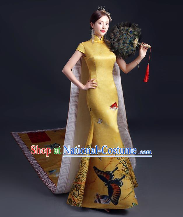 Chinese Compere Full Dress Classical Qipao Clothing Long Mantle Cheongsam Traditional Dress