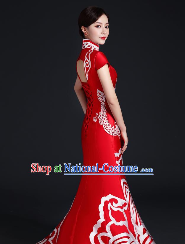 Chinese Traditional Trailing Dress Compere Full Dress Classical Qipao Clothing Wedding Red Cheongsam