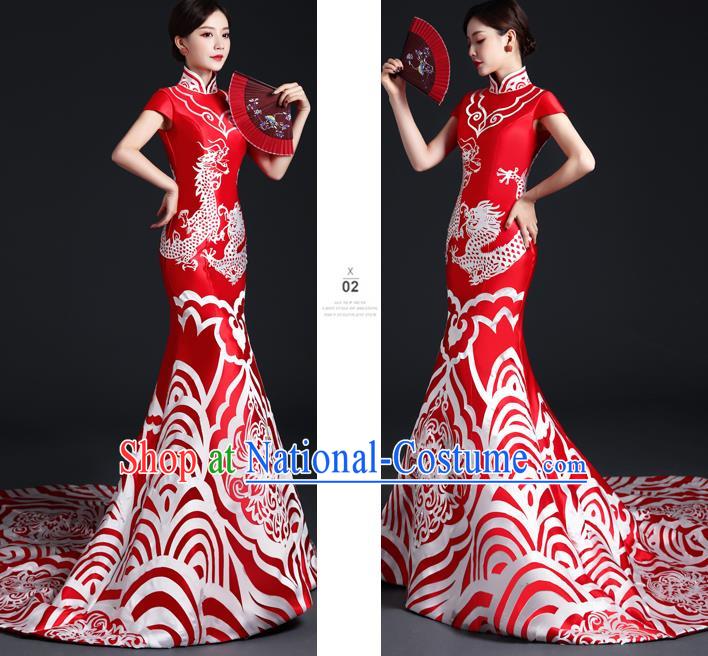 Chinese Traditional Trailing Dress Compere Full Dress Classical Qipao Clothing Wedding Red Cheongsam