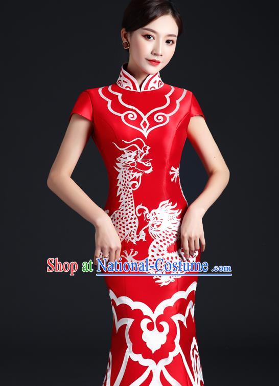 Chinese Traditional Trailing Dress Compere Full Dress Classical Qipao Clothing Wedding Red Cheongsam