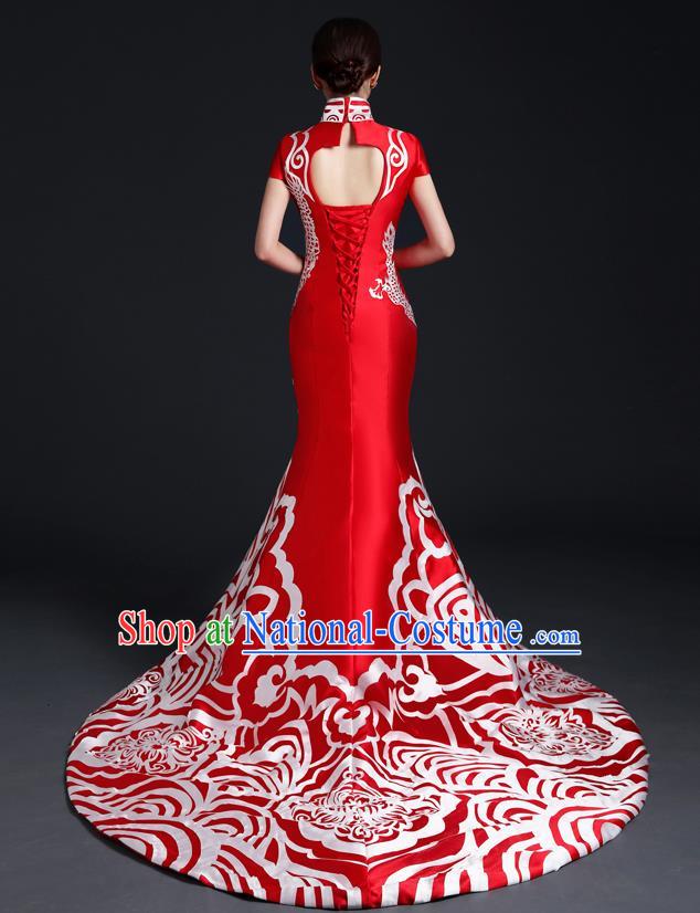 Chinese Traditional Trailing Dress Compere Full Dress Classical Qipao Clothing Wedding Red Cheongsam