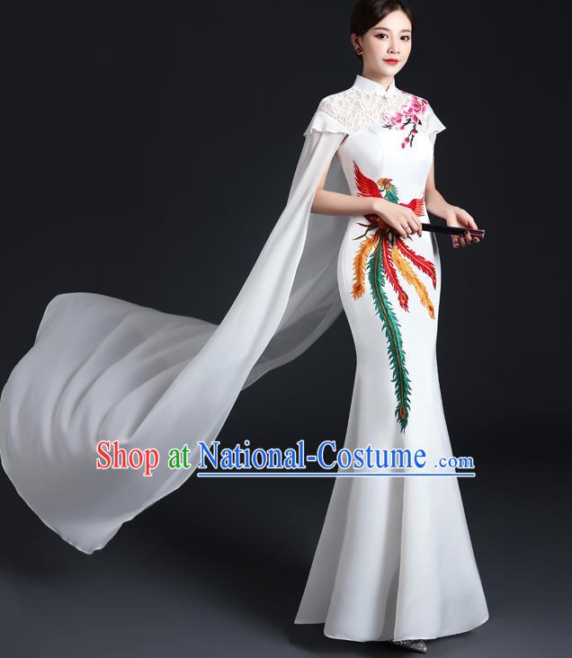 Chinese Modern White Mantle Cheongsam Traditional Embroidered Phoenix Dress Compere Full Dress Classical Qipao Clothing