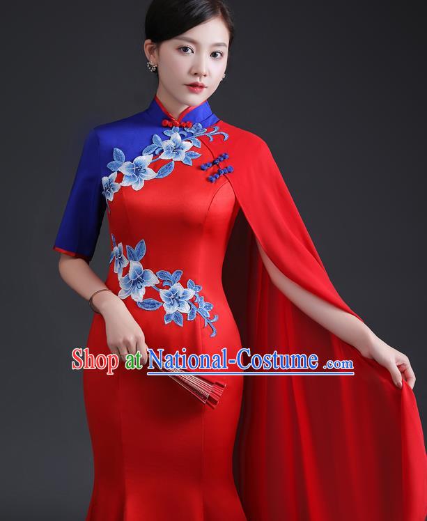 Chinese Traditional Red Dress Compere Full Dress Embroidered Qipao Clothing Modern Cheongsam