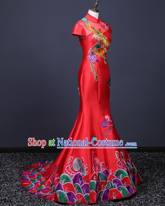 China Professional Catwalks Embroidery Phoenix Full Dress New Year Formal Costume Compere Red Trailing Dress