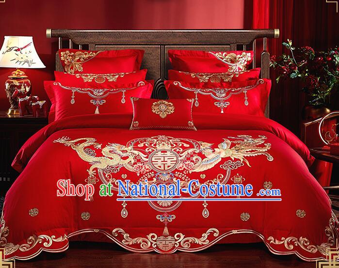 Top Long Staple Cotton Bedding Items Chinese Red Wedding Bedclothes Embroidery Dragon and Phoenix Four Pieces Set