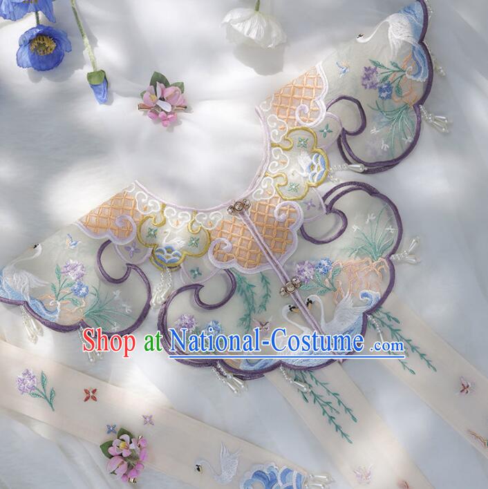 Chinese White Collar Yujian Cheongsam Cappa Traditional Necklace Accessories Ming Dynasty Embroidered Cloud Shoulder