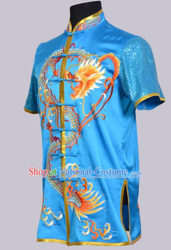 Chinese Traditional Wushu Competition Clothing Embroidered Dragon Sky Blue Outfit Martial Arts Changquan Uniforms Kung Fu Costumes