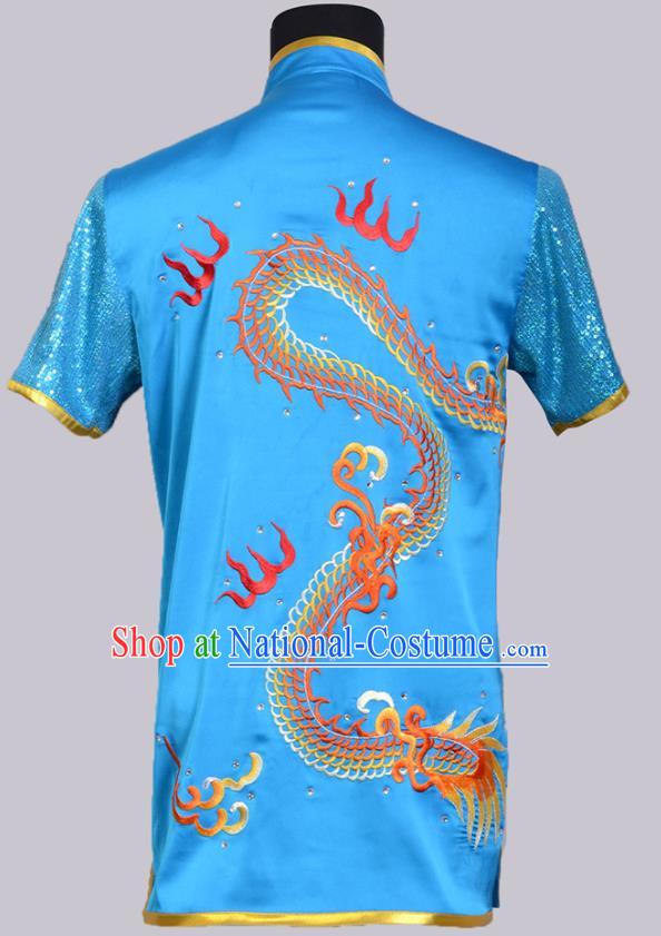 Chinese Traditional Wushu Competition Clothing Embroidered Dragon Sky Blue Outfit Martial Arts Changquan Uniforms Kung Fu Costumes