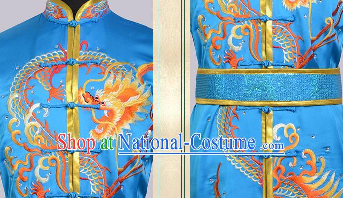 Chinese Traditional Wushu Competition Clothing Embroidered Dragon Sky Blue Outfit Martial Arts Changquan Uniforms Kung Fu Costumes