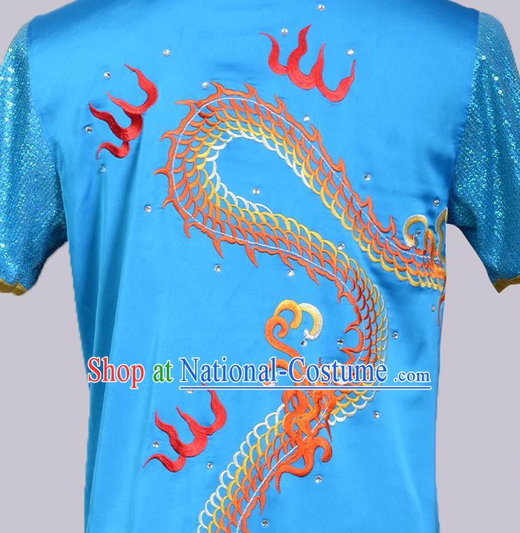 Chinese Traditional Wushu Competition Clothing Embroidered Dragon Sky Blue Outfit Martial Arts Changquan Uniforms Kung Fu Costumes