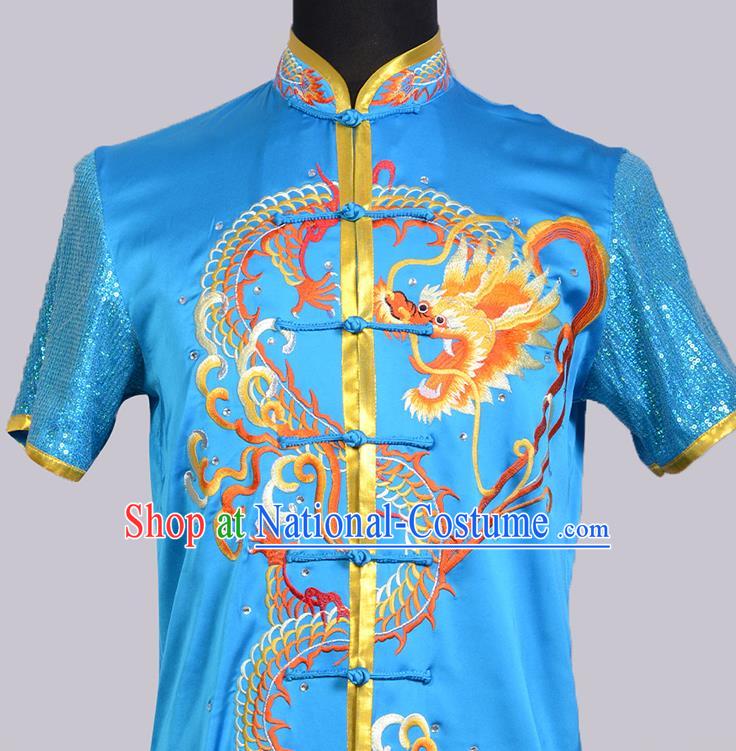 Chinese Traditional Wushu Competition Clothing Embroidered Dragon Sky Blue Outfit Martial Arts Changquan Uniforms Kung Fu Costumes