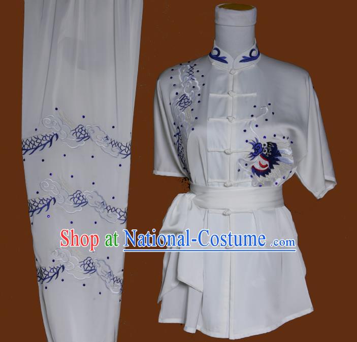 Chinese Traditional Wushu Competition Clothing Changquan Embroidered Dragon White Outfit Martial Arts Uniforms Kung Fu Costumes