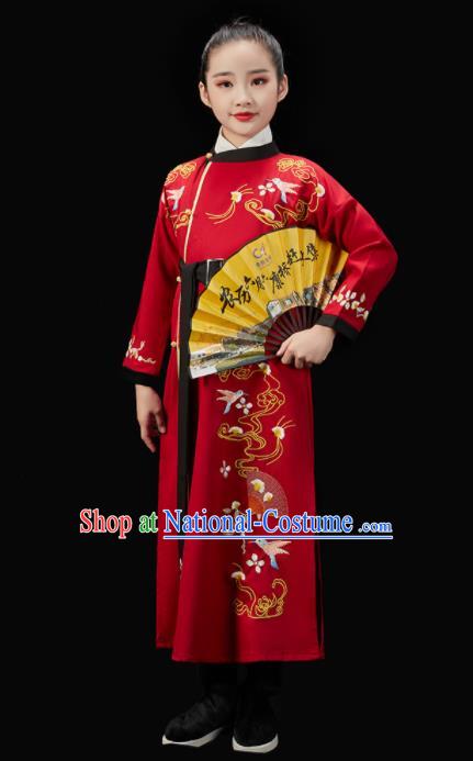 Chinese Ancient Scholar Red Uniform Traditional Stage Performance Clothing Children Fan Dance Robe Classical Dance Garment Costume