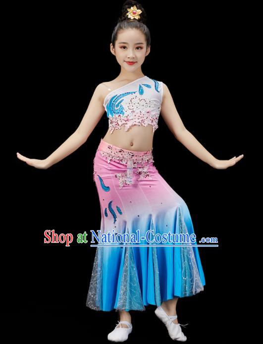 Chinese Traditional Peacock Dance Clothing Children Dance Dress Uniform Stage Performance Garment Costumes Classical Dance Dress