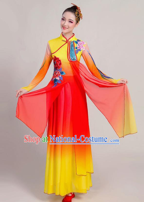 China Fan Dance Garment Costume Classical Dance Yellow Dress Stage Performance Chiffon Clothing Umbrella Dance Attires