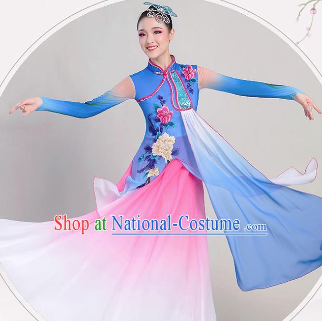 China Stage Performance Deep Blue Chiffon Clothing Umbrella Dance Attires Fan Dance Garment Costume Classical Dance Dress