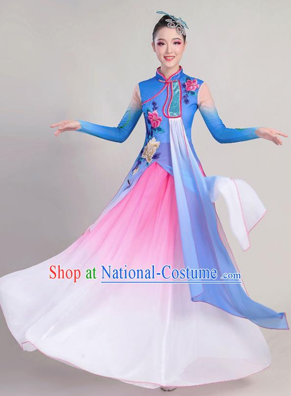 China Stage Performance Deep Blue Chiffon Clothing Umbrella Dance Attires Fan Dance Garment Costume Classical Dance Dress