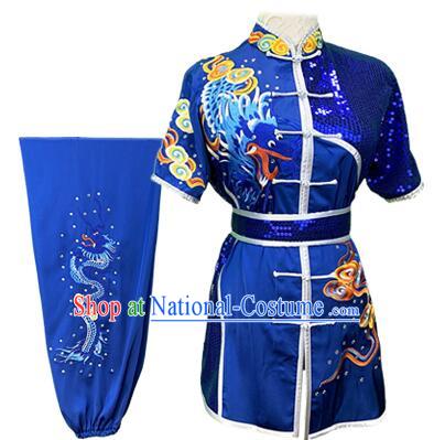 Chinese Embroidered Dragon Royal Blue Outfit Martial Arts Changquan Uniforms Kung Fu Costumes Traditional Wushu Competition Clothing