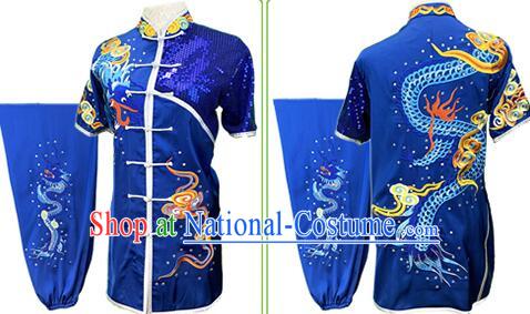 Chinese Embroidered Dragon Royal Blue Outfit Martial Arts Changquan Uniforms Kung Fu Costumes Traditional Wushu Competition Clothing